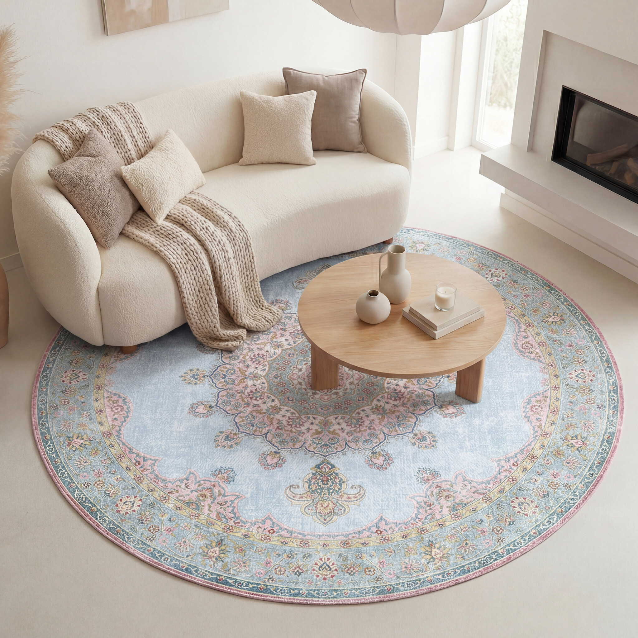 Tapis rond vintage - Lily Medallion Bleu Clair