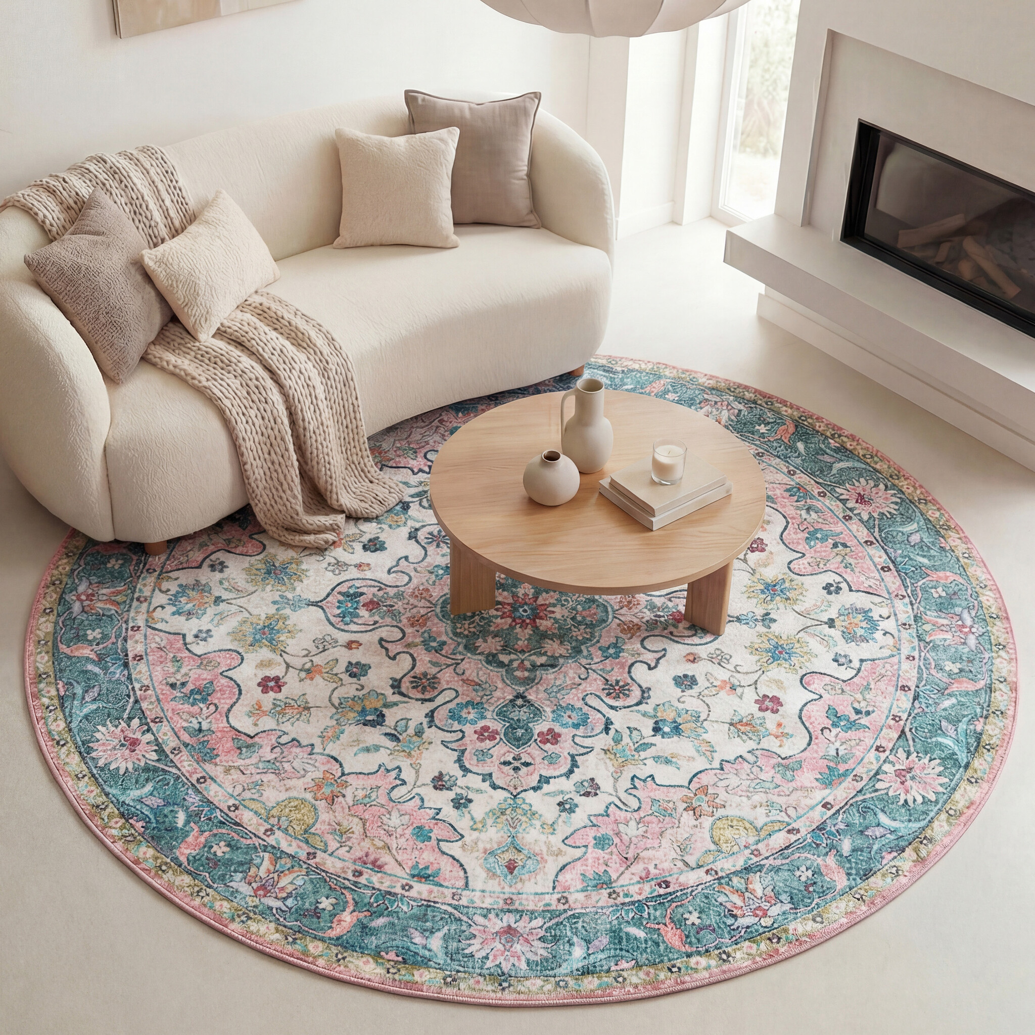 Tapis rond vintage - Lily Oriental Bleu/Rose