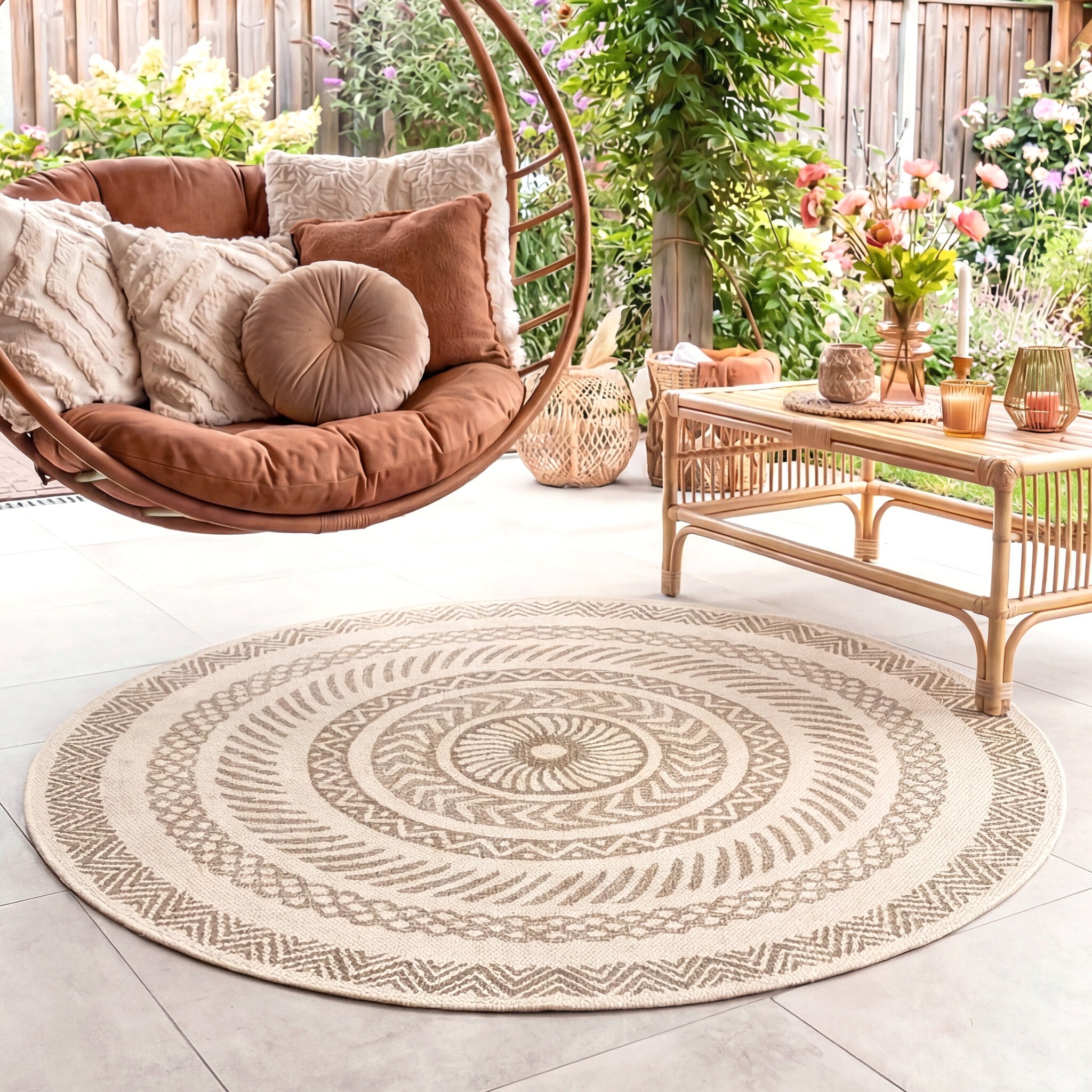 Tapis d'extérieur rond en jute - Nomad Aztec Crème