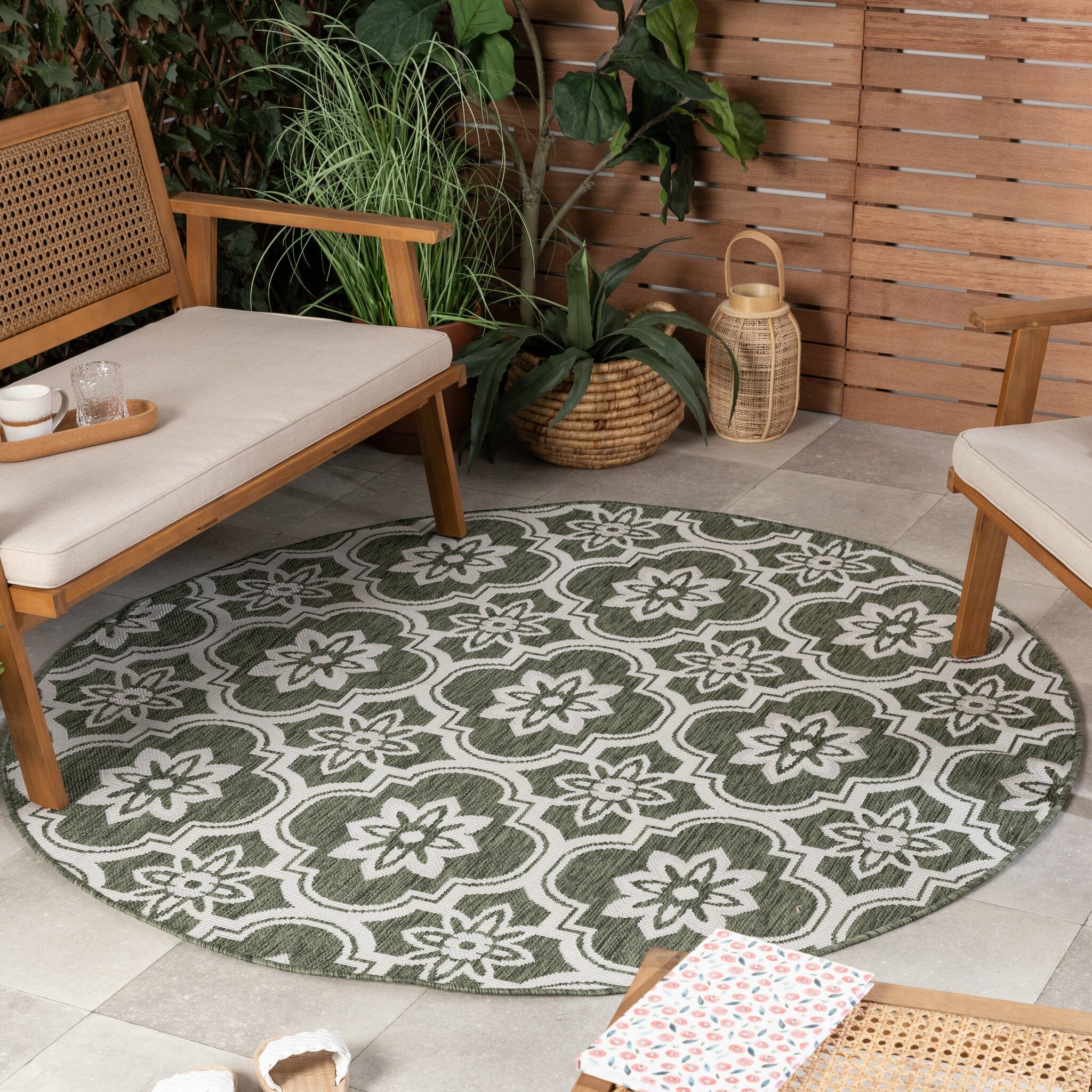 Tapis d’extérieur rond – Rio Flower Vert