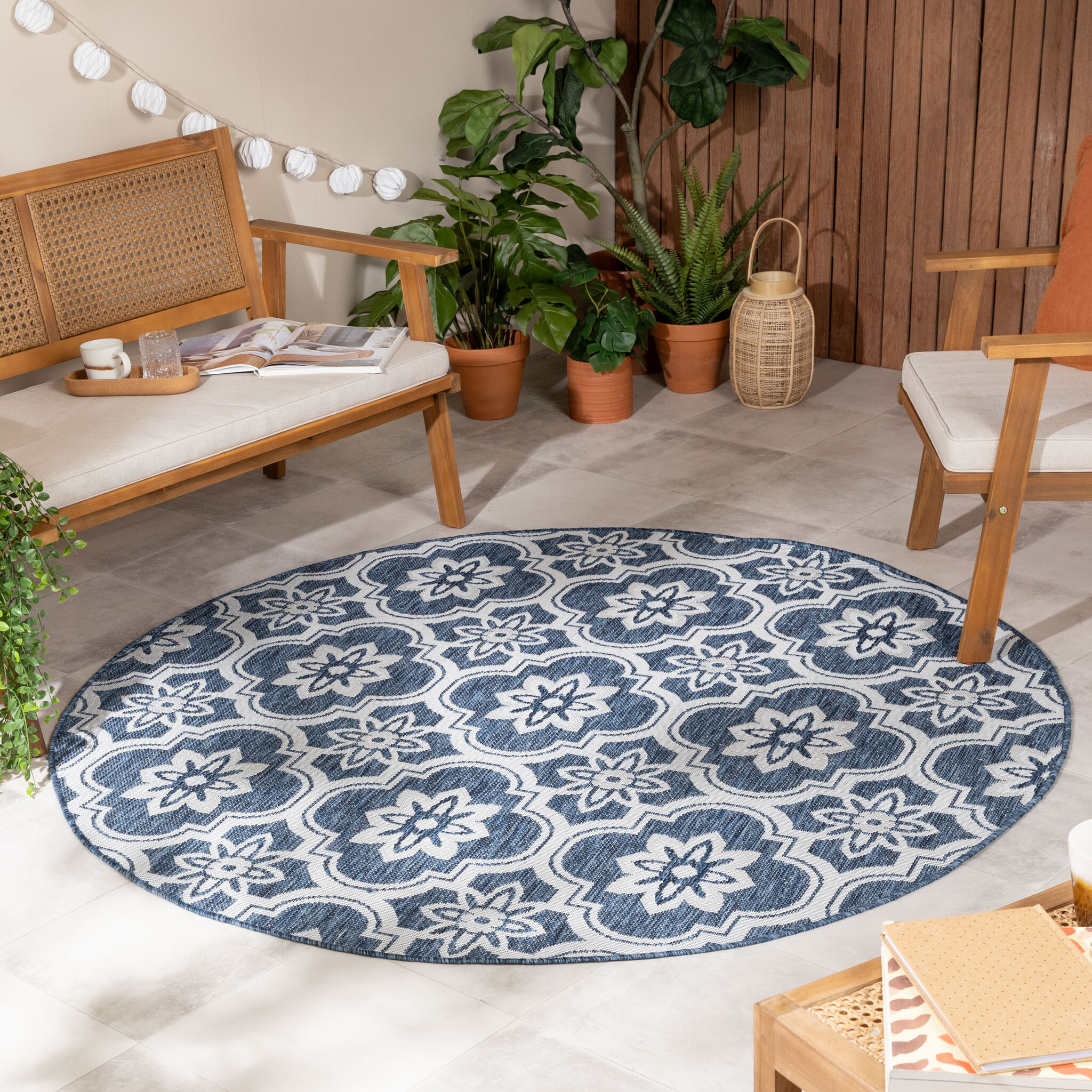 Tapis d’extérieur rond – Rio Flower Bleu
