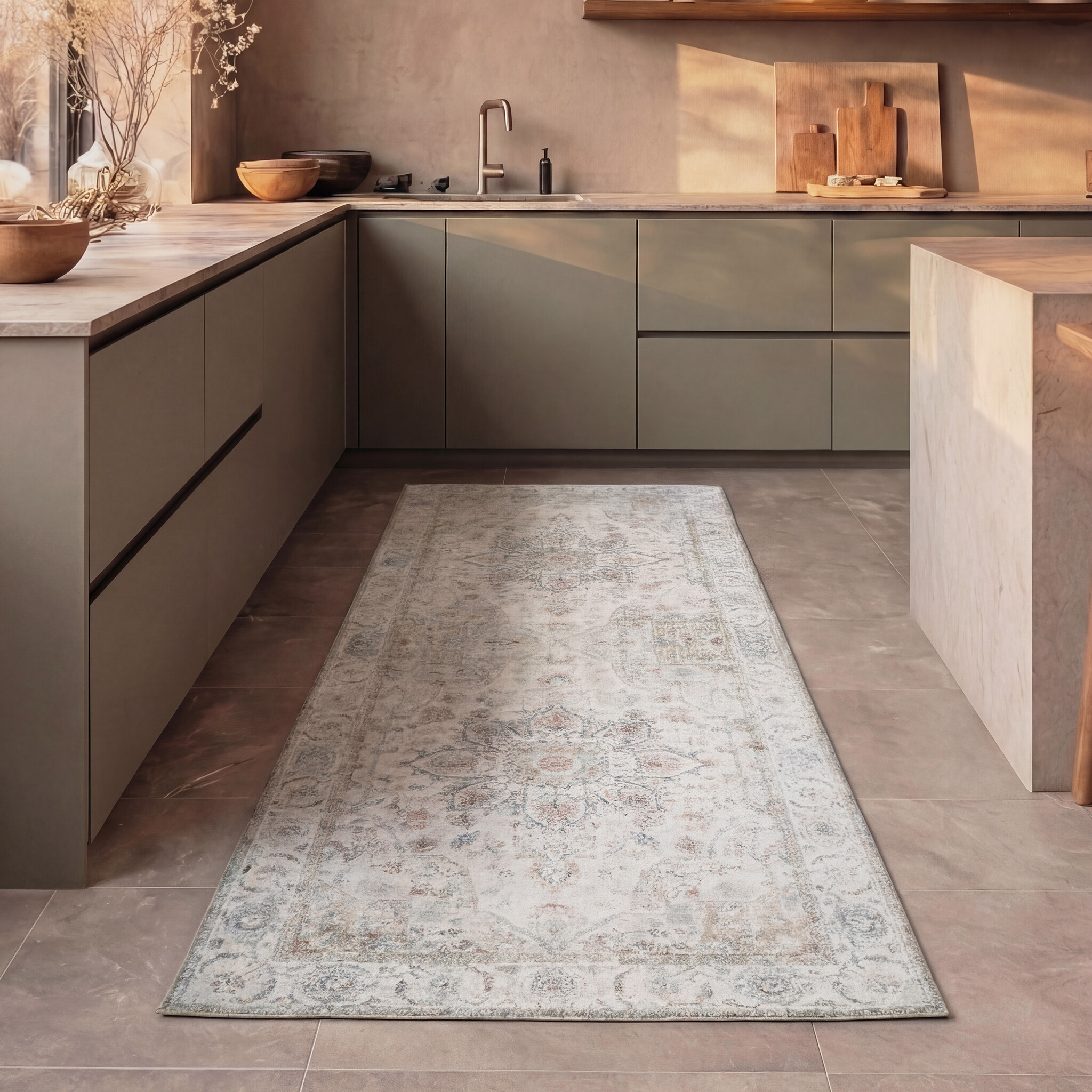 Tapis de couloir lavable - Domingo Mandala Blanc