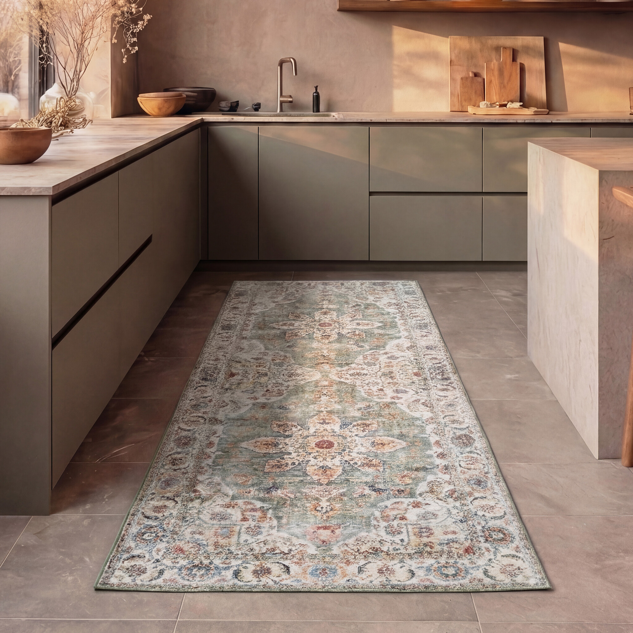 Tapis de couloir lavable - Domingo Mandala Vert Olive