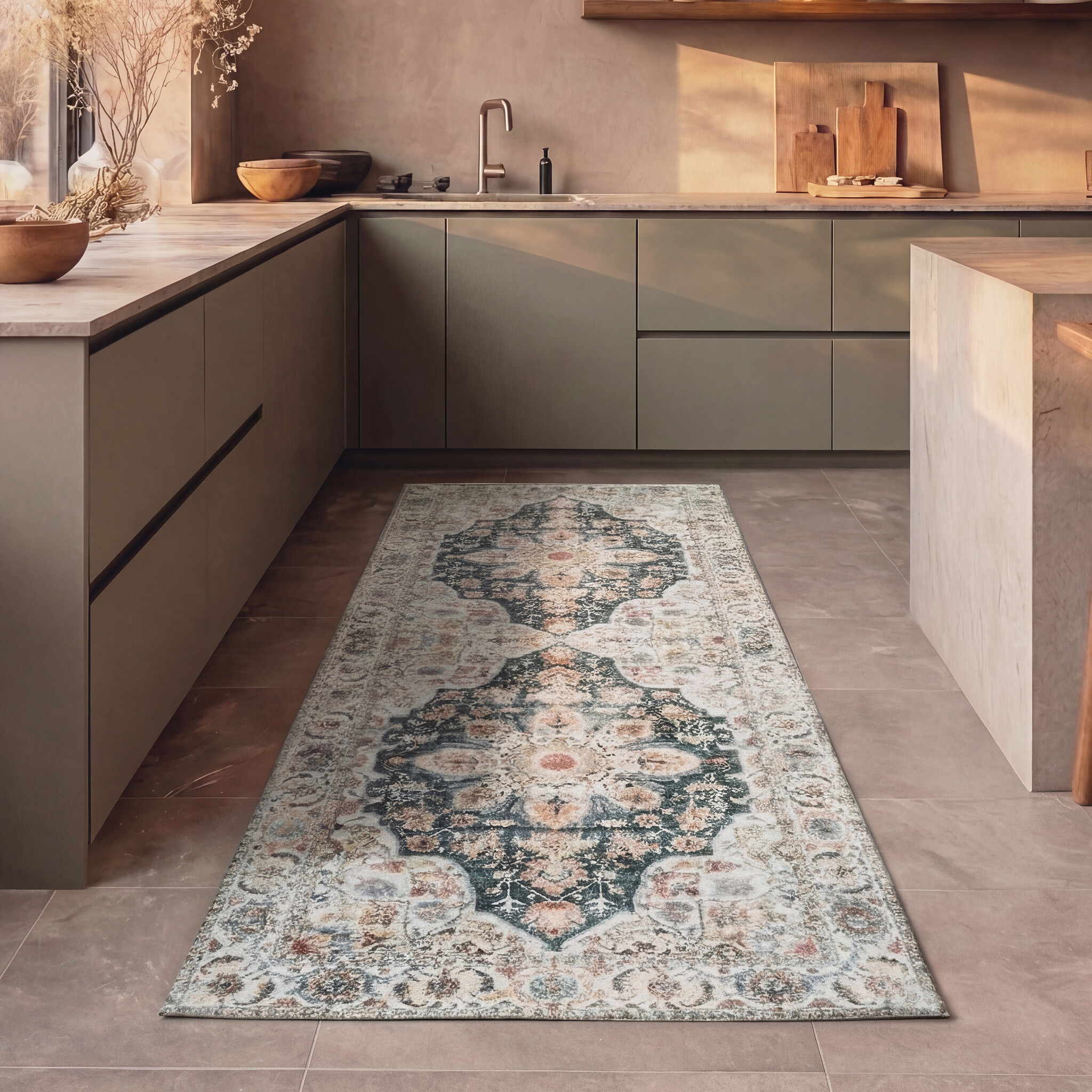 Tapis de couloir lavable - Domingo Mandala Vert Foncé