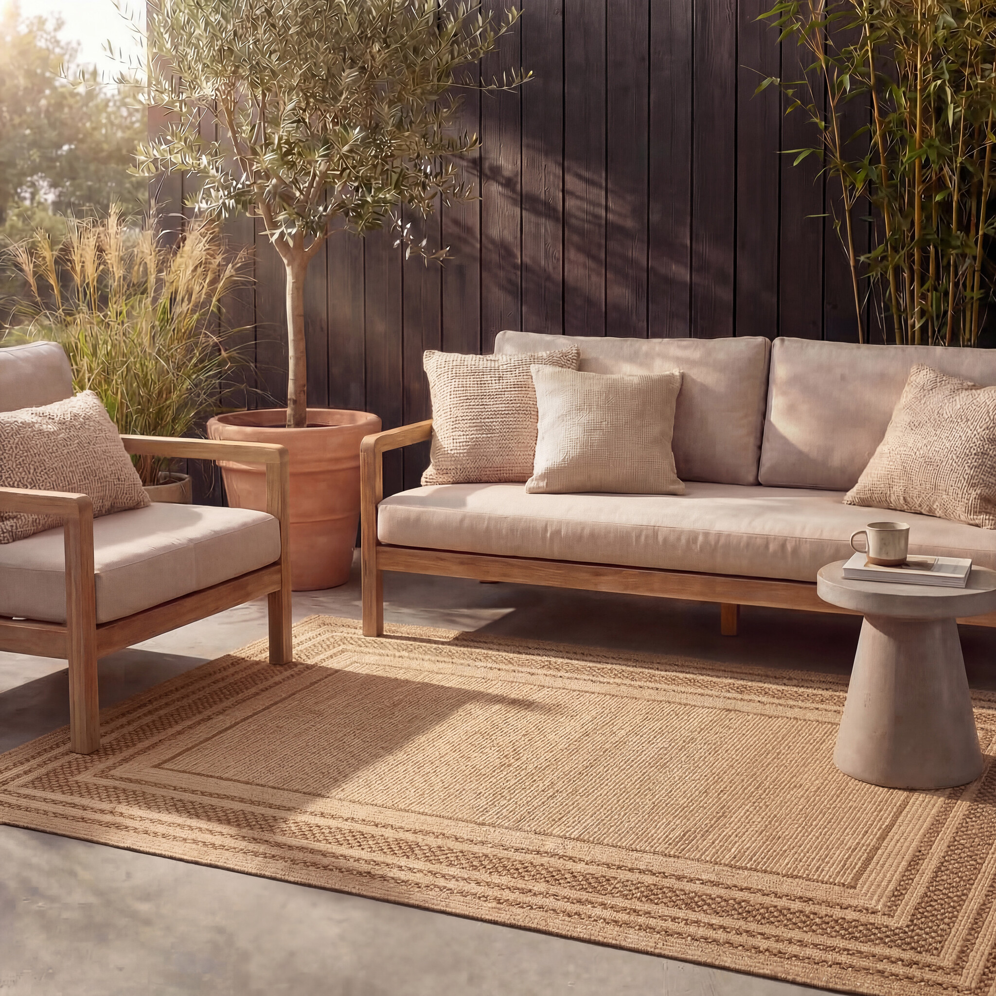 Tapis d'extérieur en jute - Mavi Border Crème/Marron