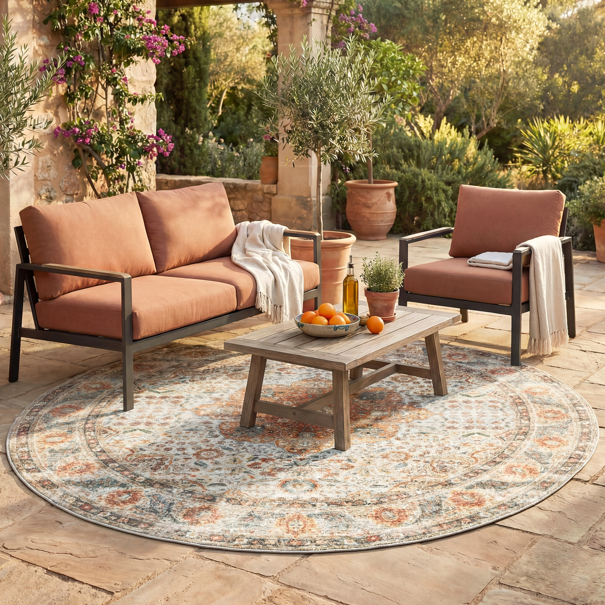 Tapis d'intérieur et d'extérieur rond - kairo Medallion Crème/Multicolore