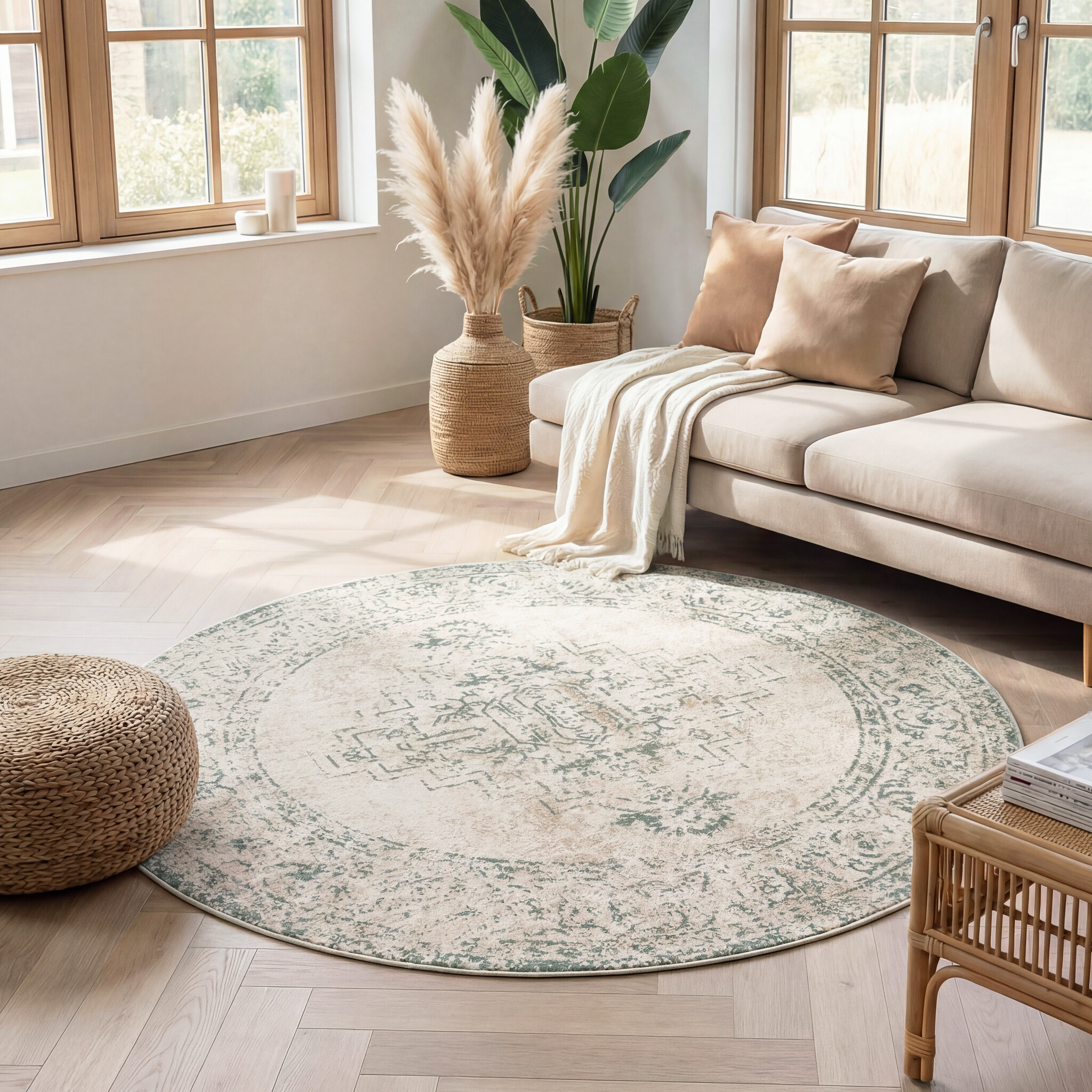 Tapis rond vintage - Spring Ethnic Crème/Vert
