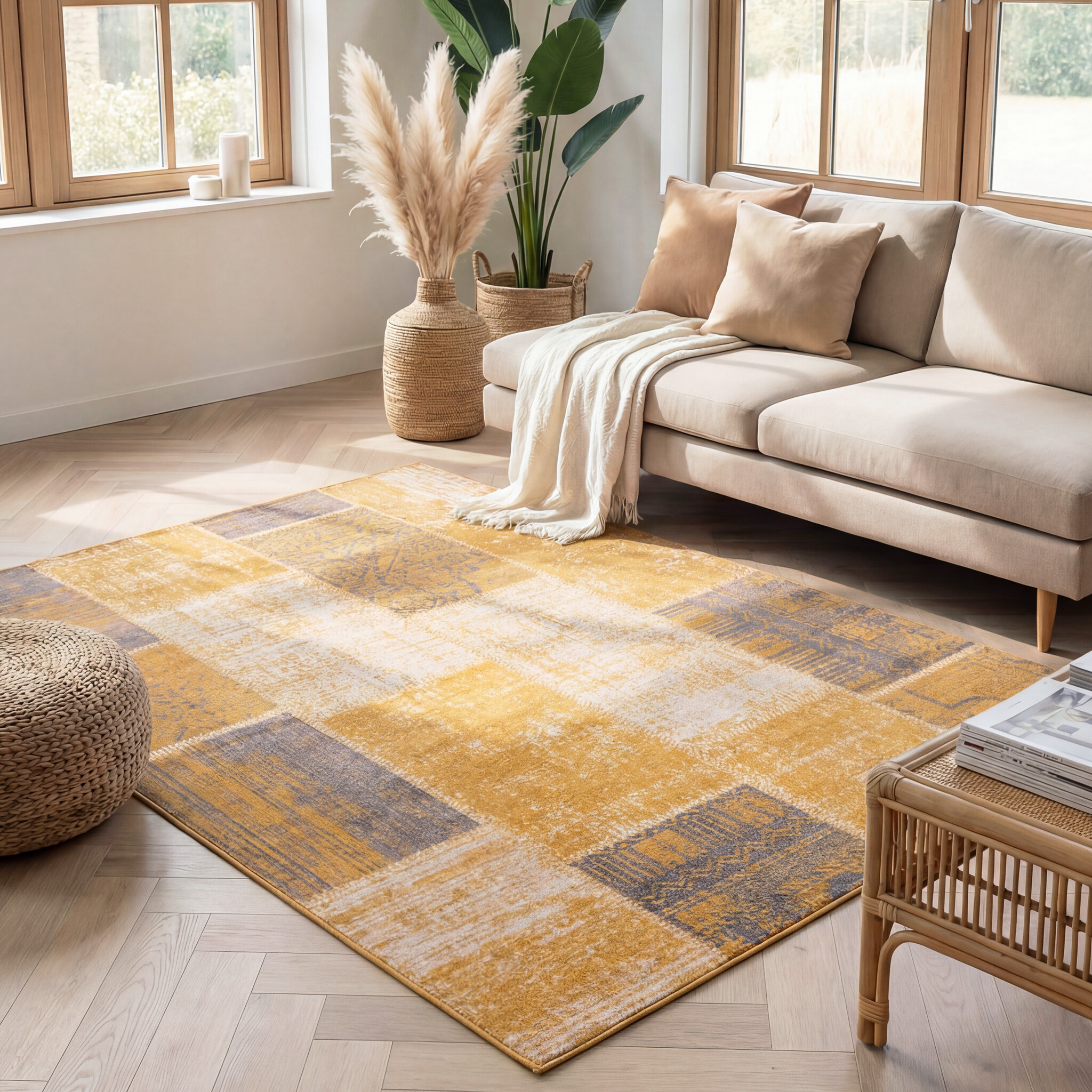 Tapis patchwork - Spring Jaune Ocre/Taupe