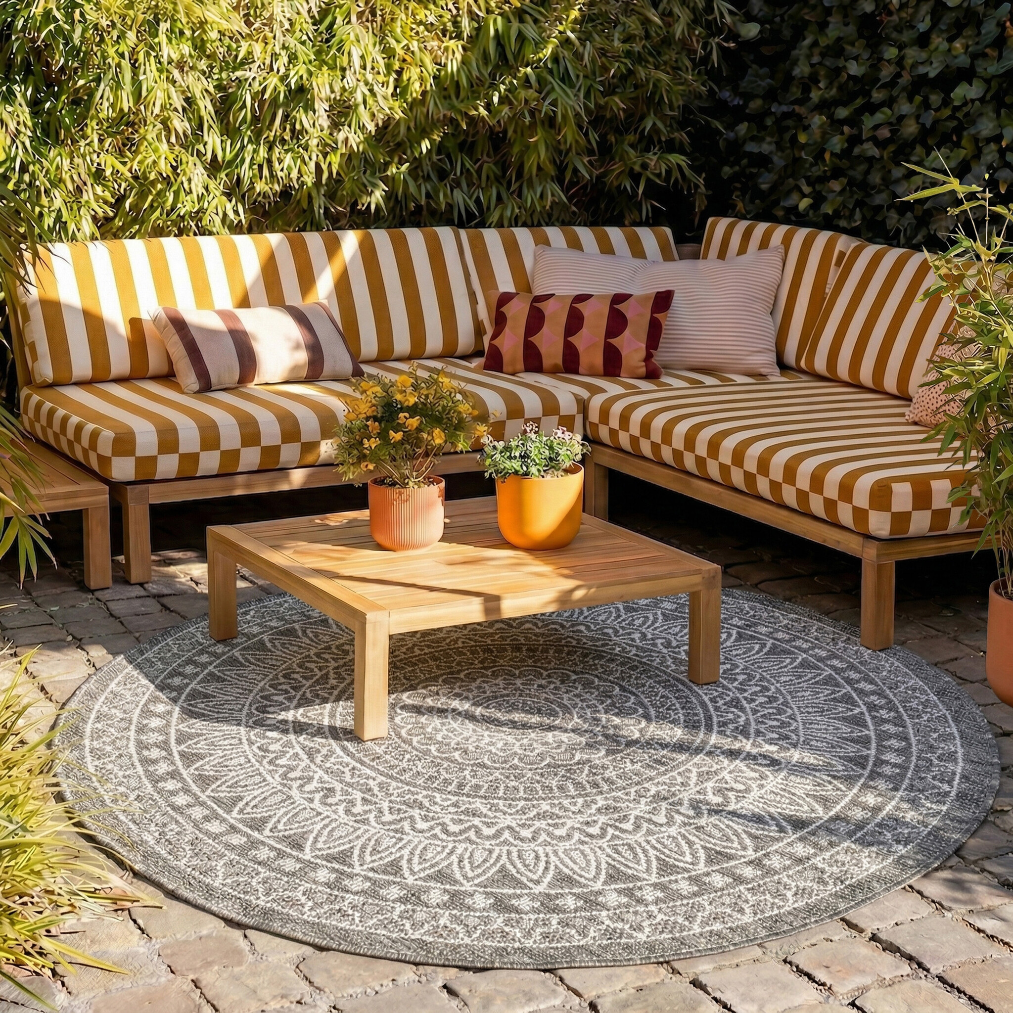 Tapis d'extérieur rond - Summer Azteca Gris - sfeer