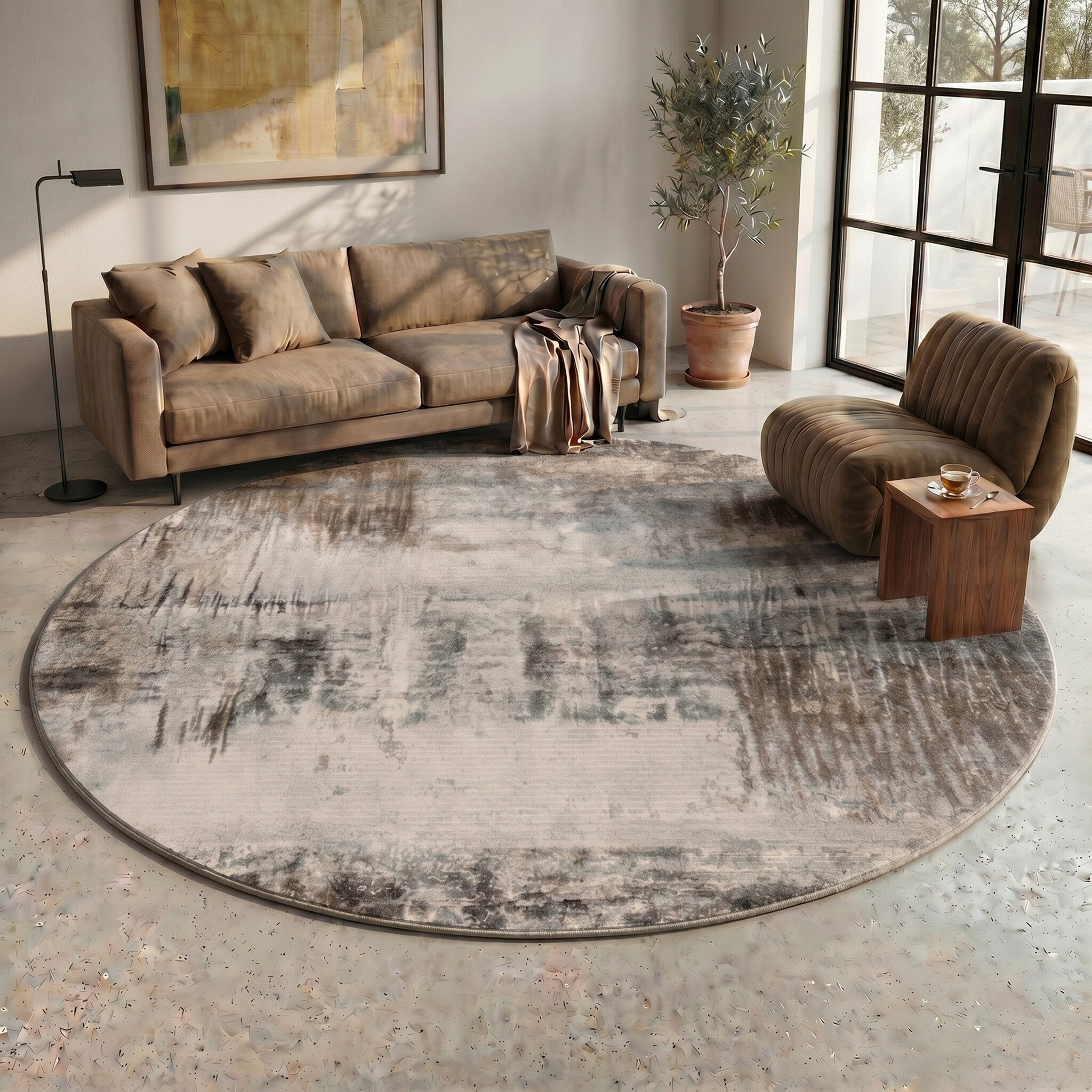 Tapis rond abstrait - Xavier Scratch Taupe/Rouge