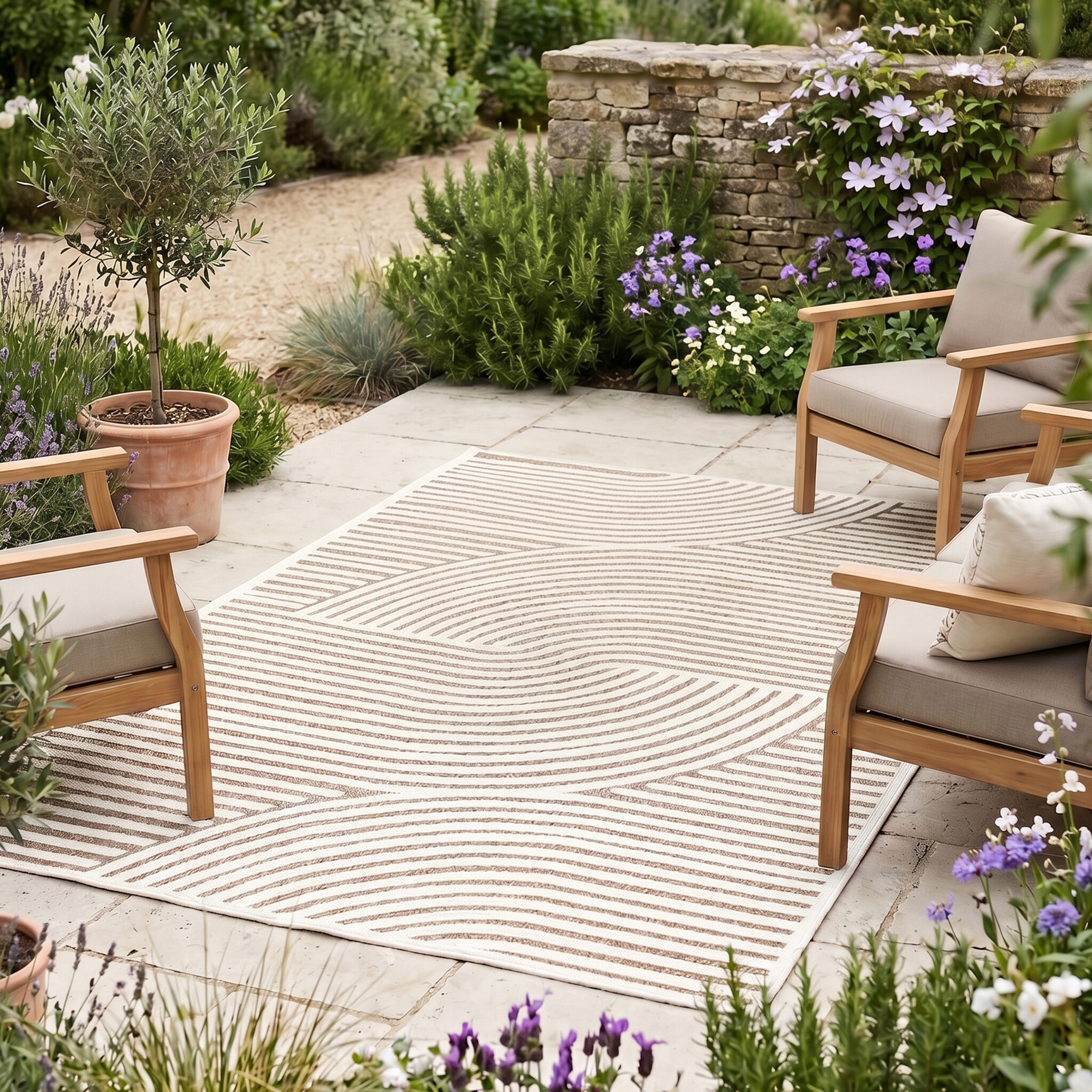 Tapis d'intérieur et d'extérieur moderne - Nori Curves Blanc/Taupe