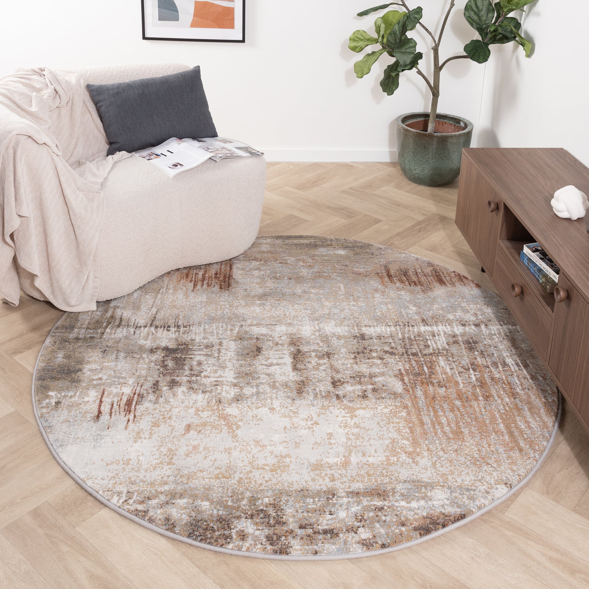 Tapis rond abstrait - Xavier Scratch Taupe/Rouge