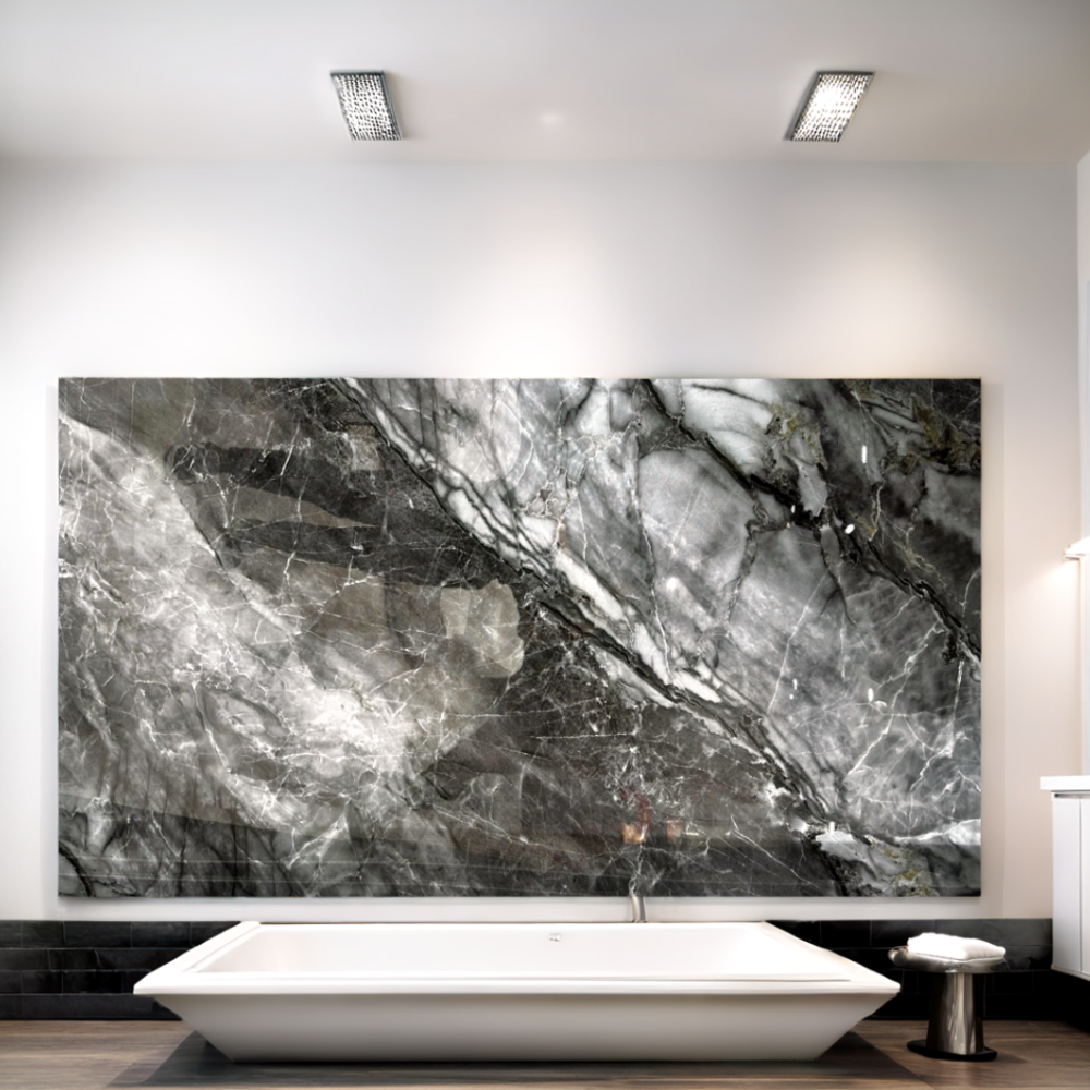 Oppio €37 PER PANEEL - 120x280x0,3 cm - PVC Wandpaneel Grijs Steen Marmerlook Hoogglans