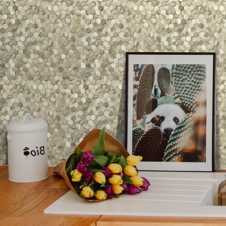 Oppio Geborsteld MINI Hexagon Goud - Zelfklevend Mozaiek 308x298x4mm Oppio Geborsteld MINI Hexagon Goud - Zelfklevend Mozaiek 308x298x4mm