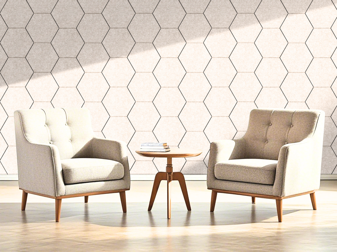 Oppio OPPIO Viltpaneel Beige - HEXAGON - 60x280 cm - Brandvertragend & Geluiddempend Oppio OPPIO Viltpaneel Beige - HEXAGON - 60x280 cm - Brandvertragend & Geluiddempend