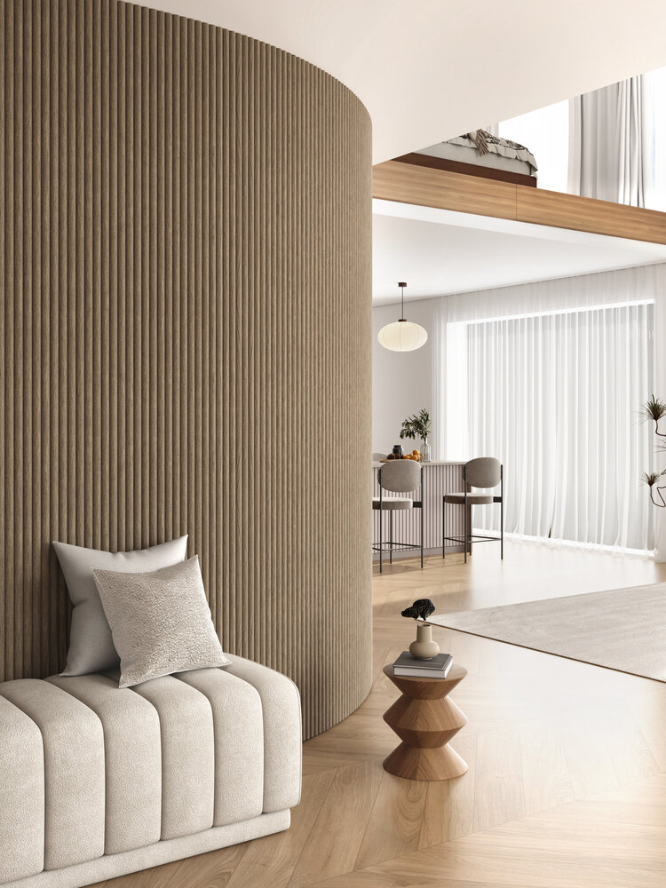 Oppio RONDE LATTEN - WALNOOT Eiken akoestische wand panelen lattenwand met Vilt