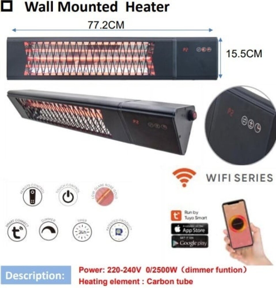 Oppio OPPIO Elektrische Terrasverwarmer 2500W - WIFI FUNCTIE ( MUUR ) Oppio OPPIO Elektrische Terrasverwarmer 2500W - WIFI FUNCTIE ( MUUR )