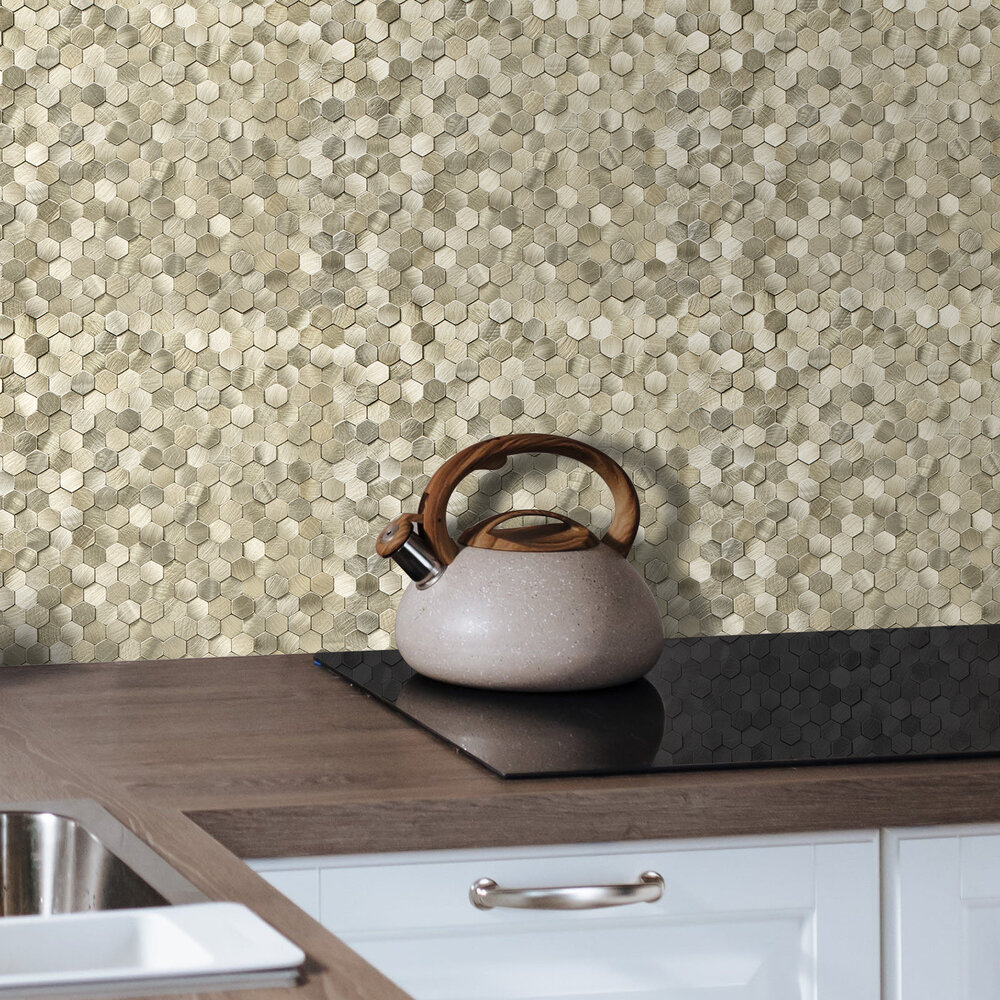 Oppio Geborsteld MINI Hexagon Goud - Zelfklevend Mozaiek 308x298x4mm Oppio Geborsteld MINI Hexagon Goud - Zelfklevend Mozaiek 308x298x4mm