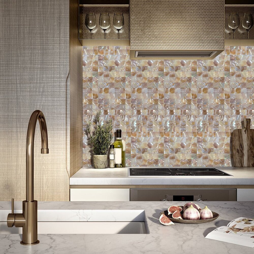 Oppio SHELL Tiles - Beige - Mother of PEARL - Zelfklevend Mozaiek 305x305x3.3mm Oppio SHELL Tiles - Beige - Mother of PEARL - Zelfklevend Mozaiek 305x305x3.3mm