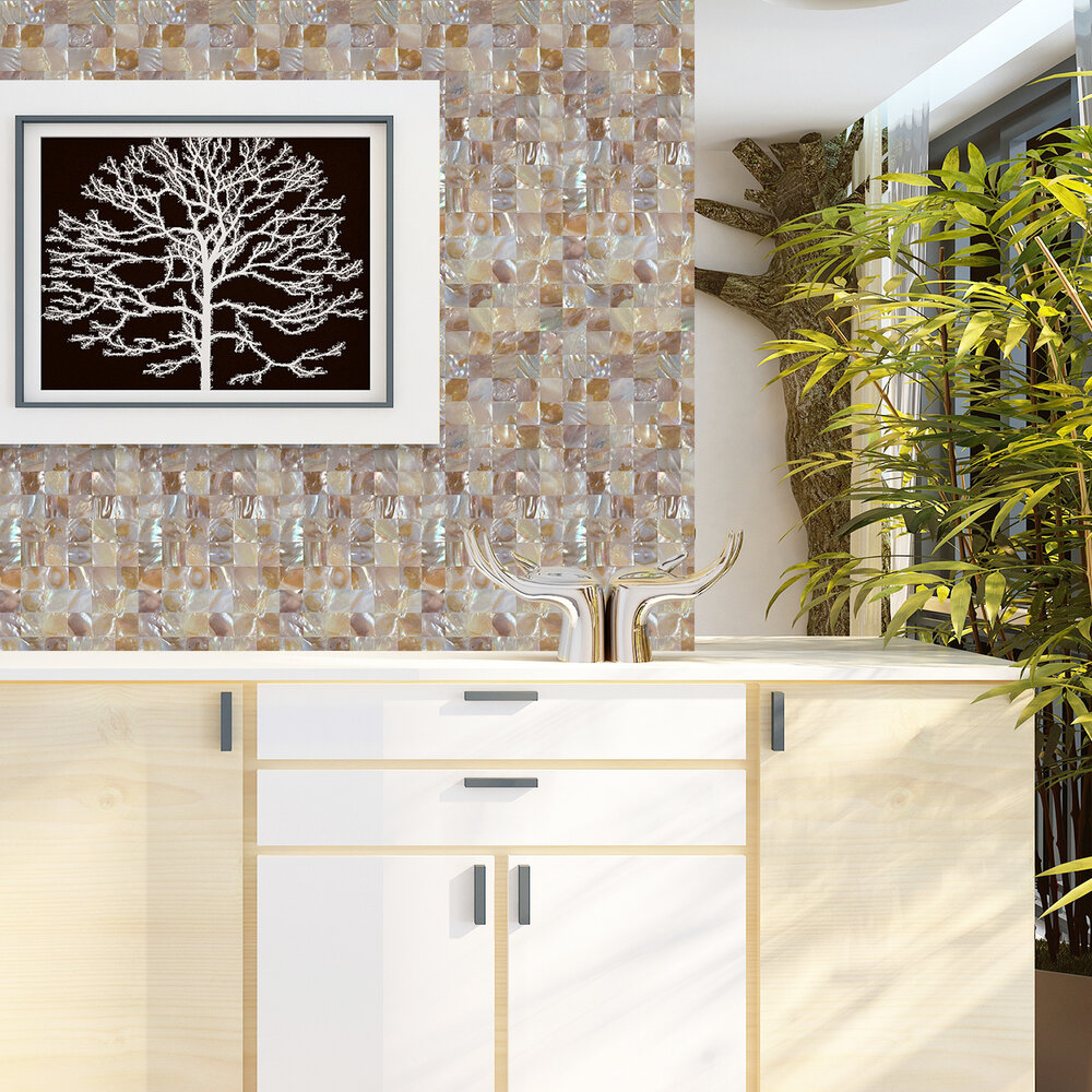 Oppio SHELL Tiles - Beige - Mother of PEARL - Zelfklevend Mozaiek 305x305x3.3mm Oppio SHELL Tiles - Beige - Mother of PEARL - Zelfklevend Mozaiek 305x305x3.3mm