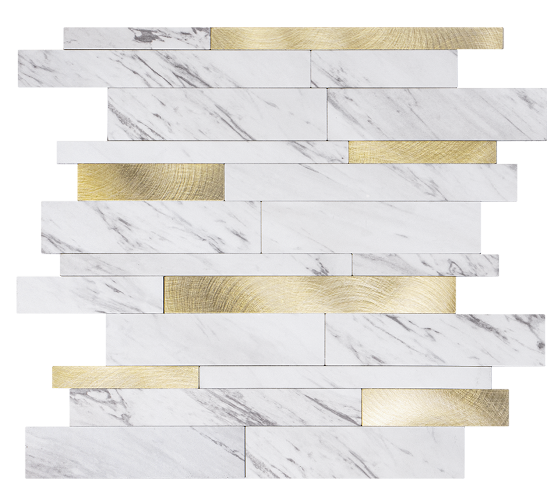 Oppio Wit Marmerlook met GOUDEN ALU Wildverband - Zelfklevend Mozaiek 303x298x4mm Oppio Wit Marmerlook met GOUDEN ALU Wildverband - Zelfklevend Mozaiek 303x298x4mm