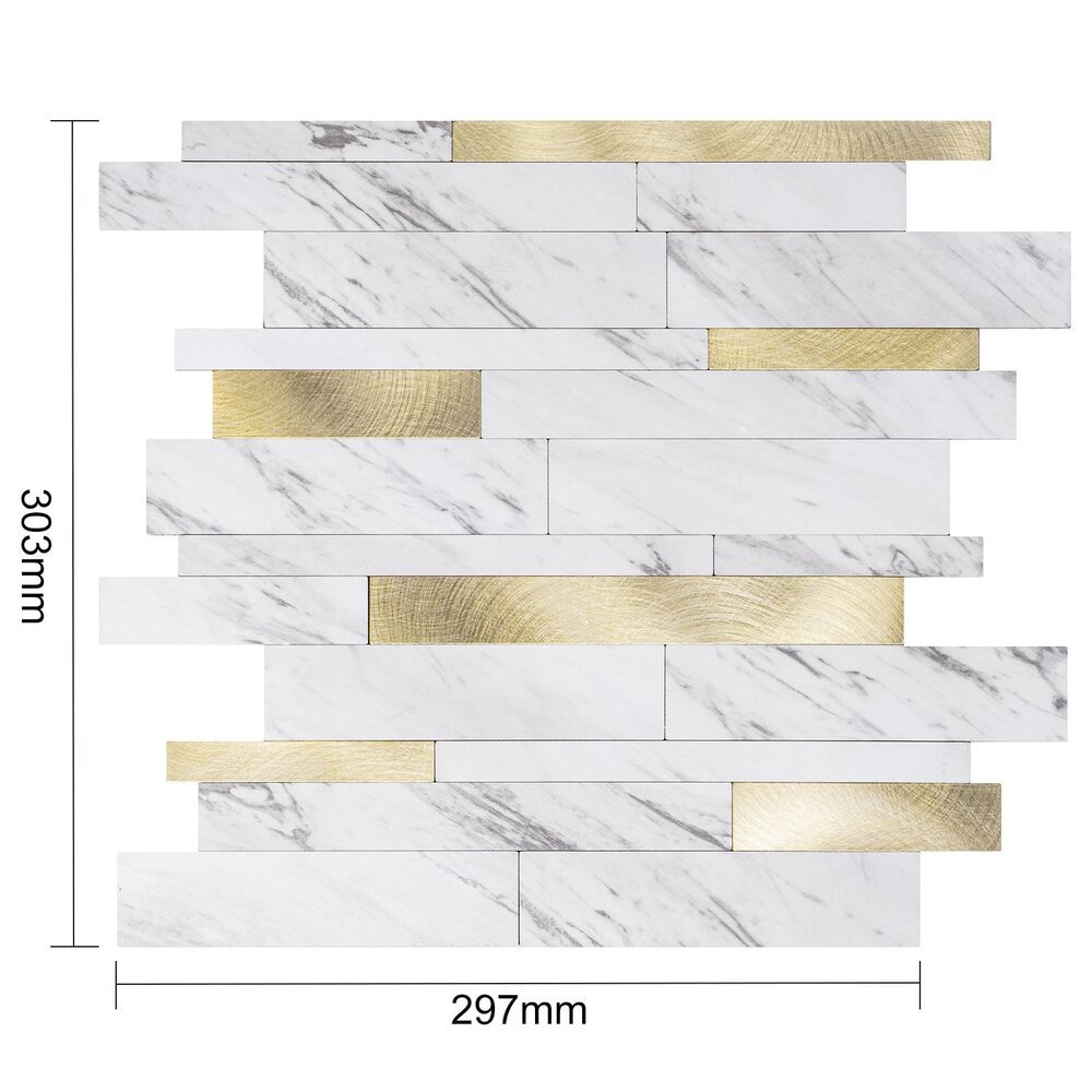 Oppio Wit Marmerlook met GOUDEN ALU Wildverband - Zelfklevend Mozaiek 303x298x4mm Oppio Wit Marmerlook met GOUDEN ALU Wildverband - Zelfklevend Mozaiek 303x298x4mm
