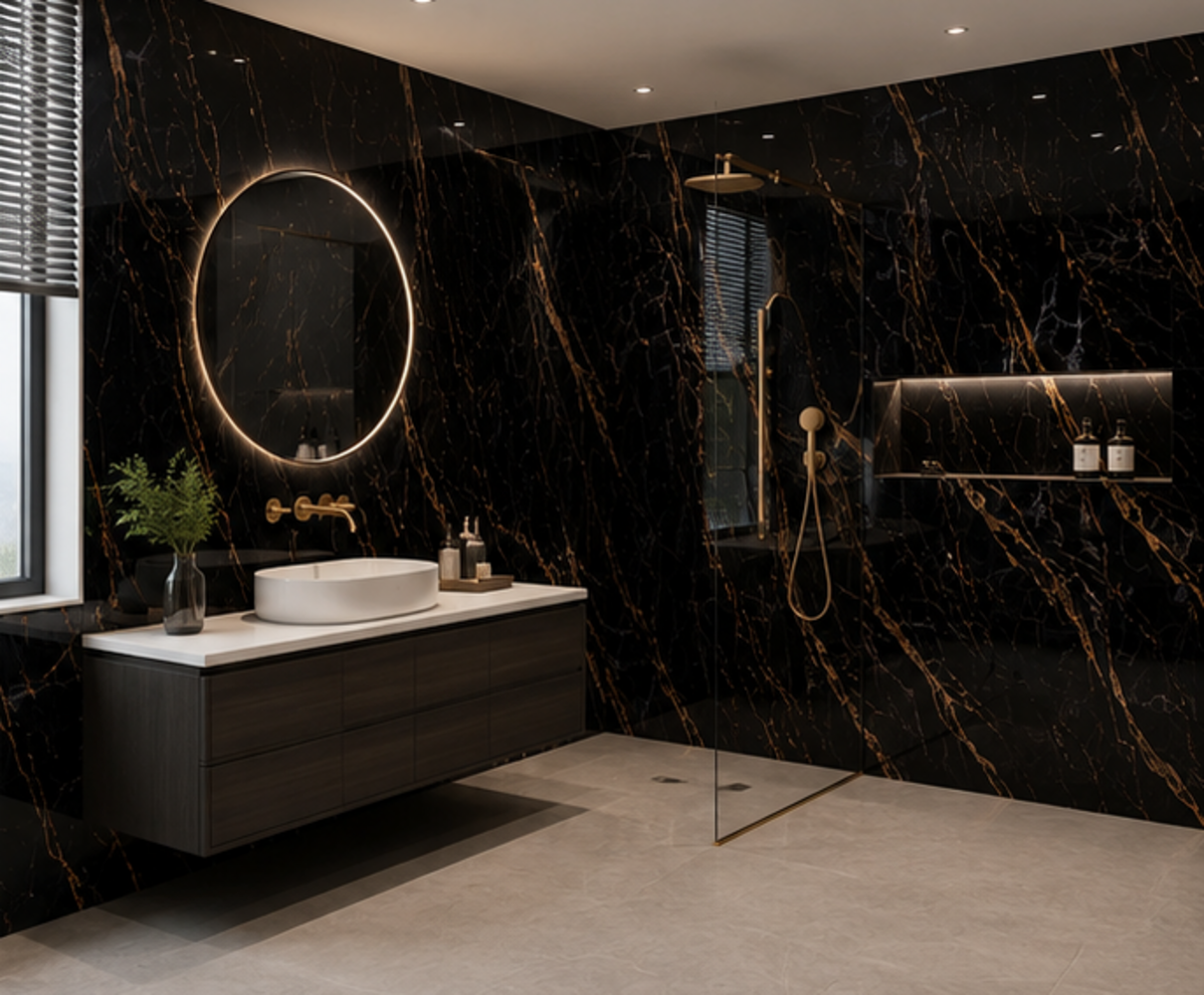 Oppio €37 PER PANEEL - 120x280x0,3 cm - PVC Wandpaneel Ceasar Black - Zwart Goud Hoogglans Oppio €37 PER PANEEL - 120x280x0,3 cm - PVC Wandpaneel Ceasar Black - Zwart Goud Hoogglans