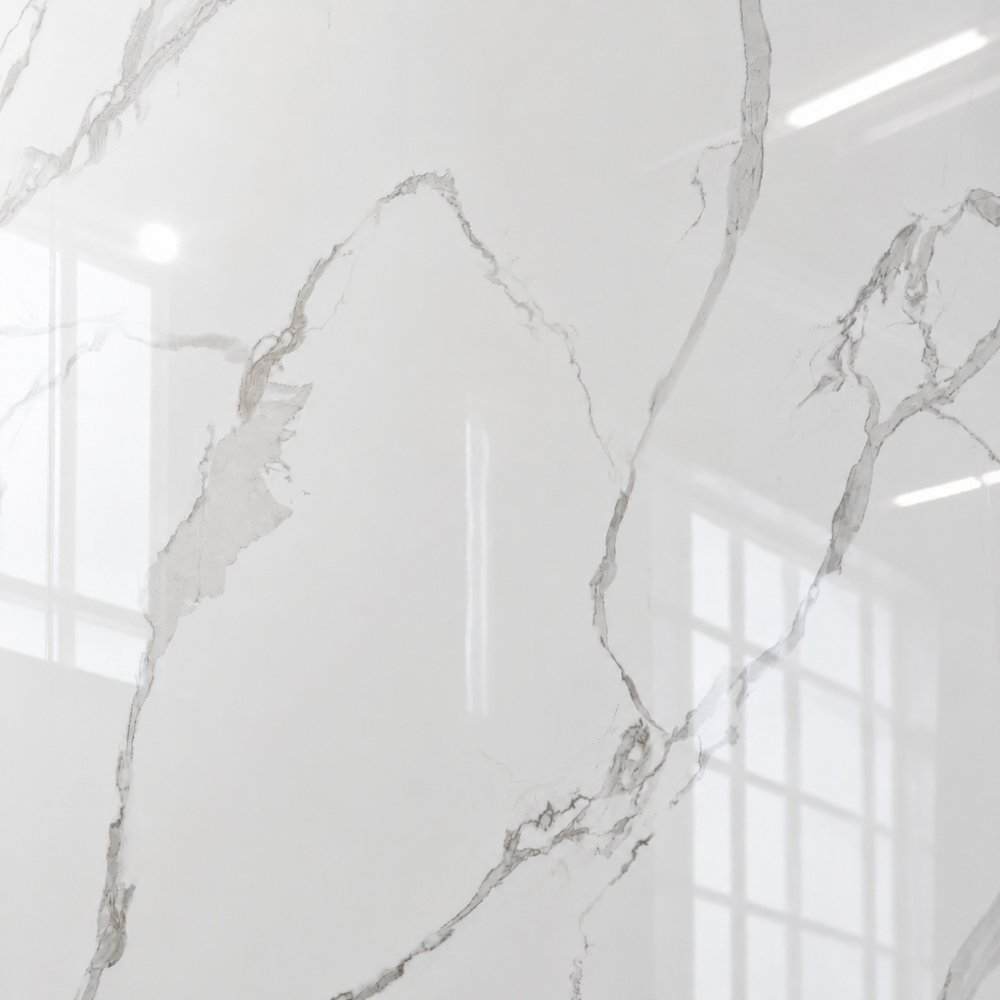 Oppio €37 PER PANEEL - 120x280x0,3 cm - PVC Wandpaneel Calacatta Marmer Wit / Grijs Hoogglans