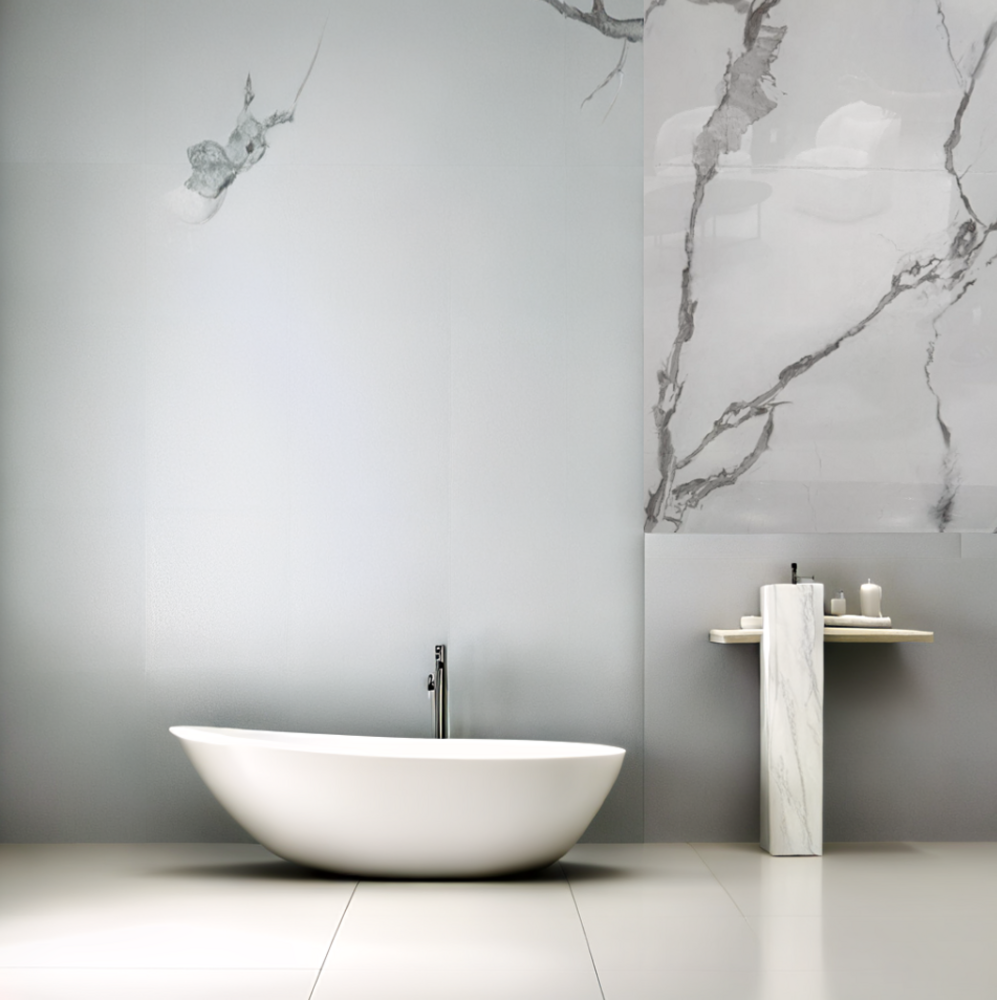Oppio €37 PER PANEEL - 120x280x0,3 cm - PVC Wandpaneel Calacatta Marmer Wit / Grijs Hoogglans