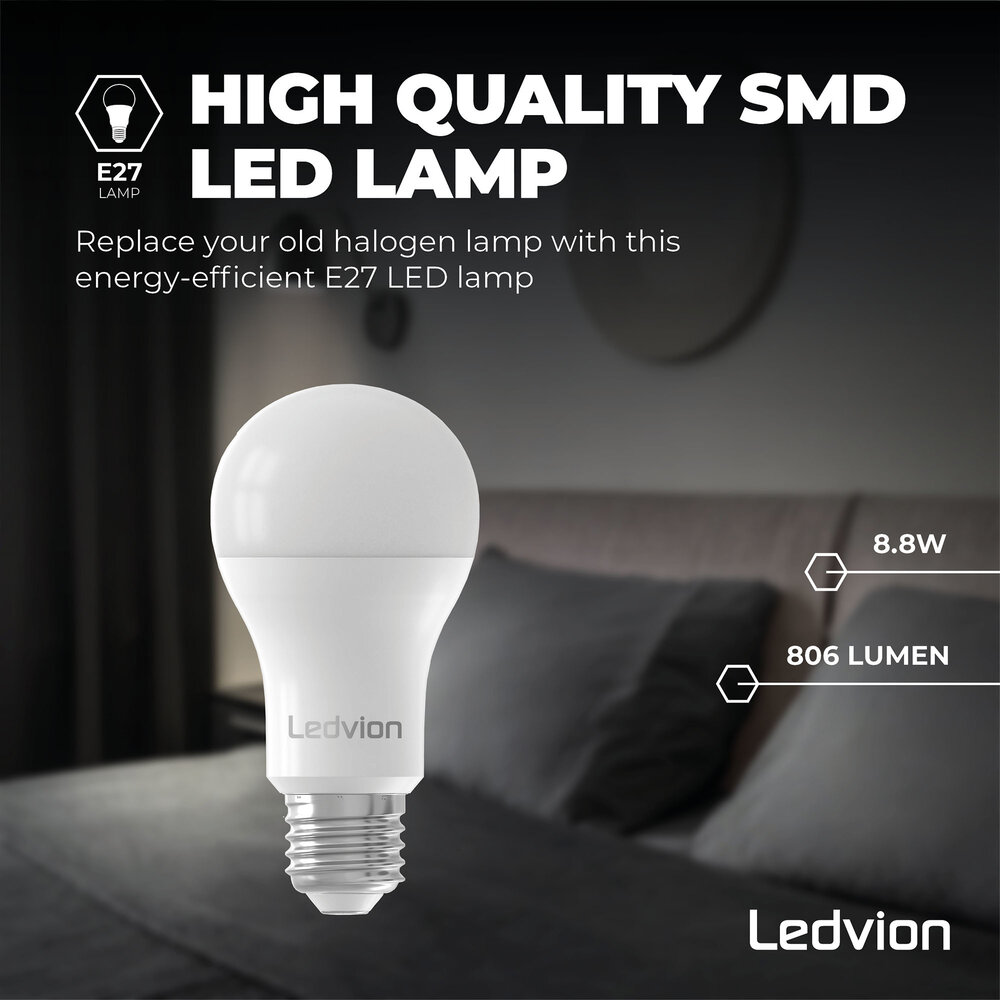 Ledvion Dimmable E27 LED Bulb - 8.8W - 4000K - Cool White - 806 Lumen - GLS / A60
