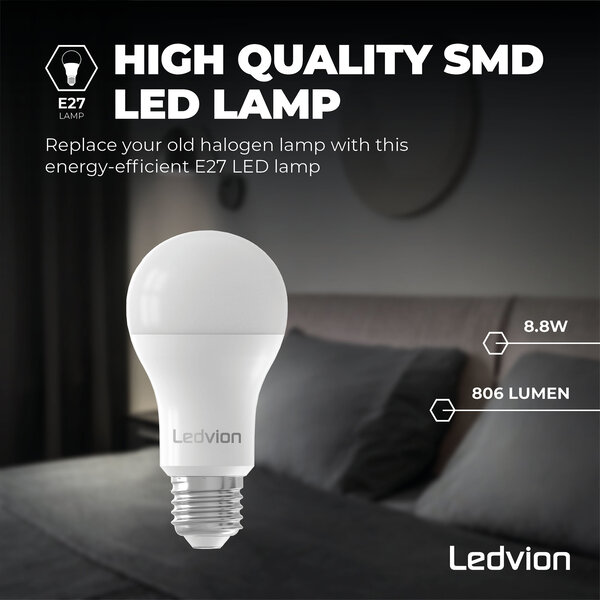 Ledvion Dimmable E27 LED Bulb - 8.8W - 4000K - Cool White - 806 Lumen - GLS / A60