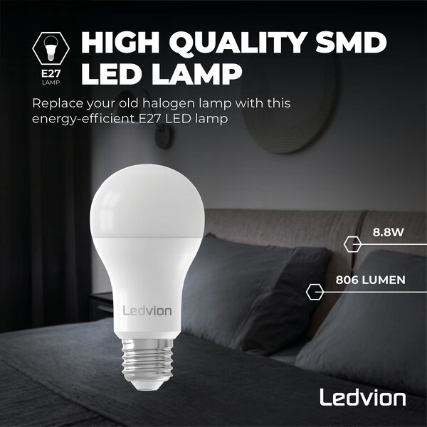 Ledvion Dimmable E27 LED Bulb - 8.8W - 6500K - Daylight - 806 Lumen - GLS / A60