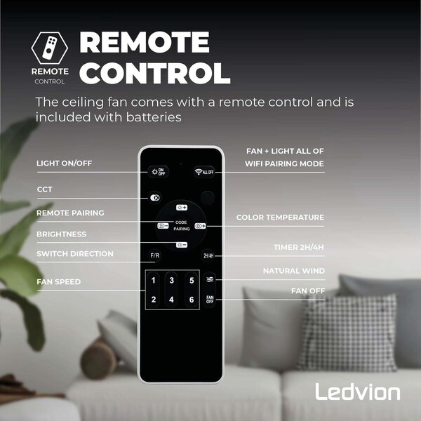 Ledvion LED Ceiling Fan With Lights - Dimmable - Smart - Modern - Black - With Remote Control