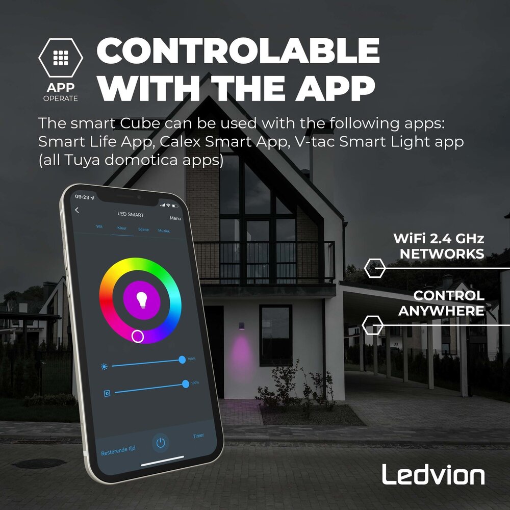 Ledvion Smart LED Outdoor Wall Light - 4.9W - RGB+CCT - GU10 - Waterproof - Down Light - Black - Modern - Square - Dimmable