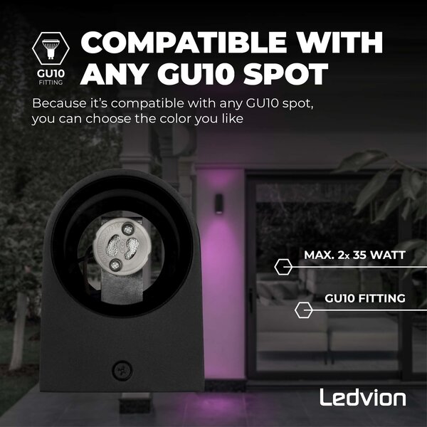 Ledvion LED Outdoor Wall Light - 4.9W - RGB+CCT - GU10 - Waterproof - Up Down Light - Black - Modern - Dimmable