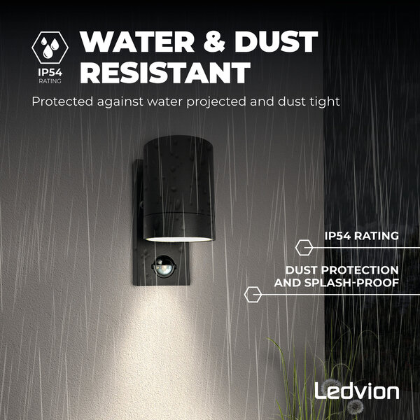 Ledvion LED Outdoor Wall Light with PIR Sensor - GU10 - Waterproof - Down Light - Black - Modern
