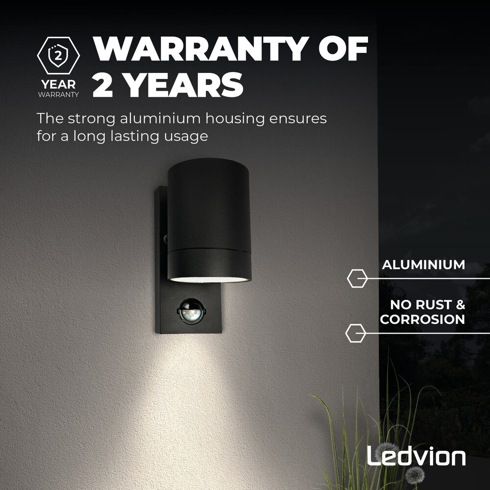 Ledvion LED Outdoor Wall Light with PIR Sensor - GU10 - Waterproof - Down Light - Black - Modern