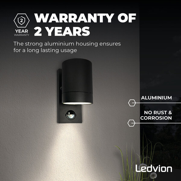 Ledvion LED Outdoor Wall Light with PIR Sensor - GU10 - Waterproof - Down Light - Black - Modern