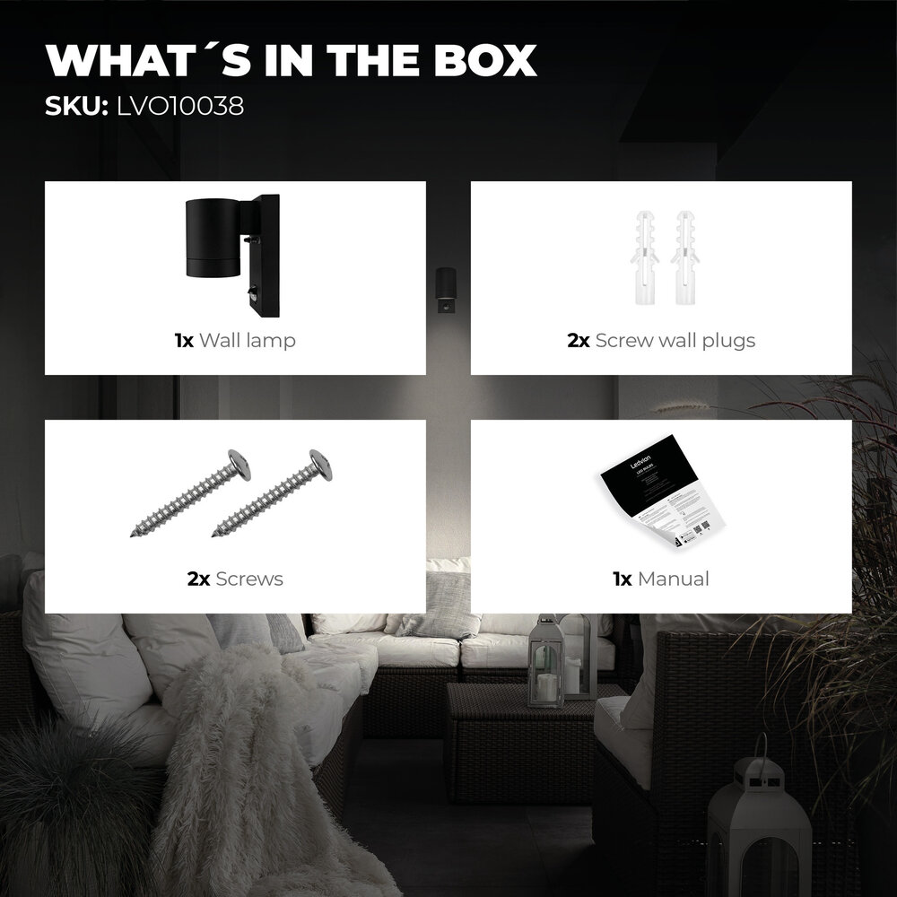 Ledvion LED Outdoor Wall Light with PIR Sensor - GU10 - Waterproof - Down Light - Black - Modern