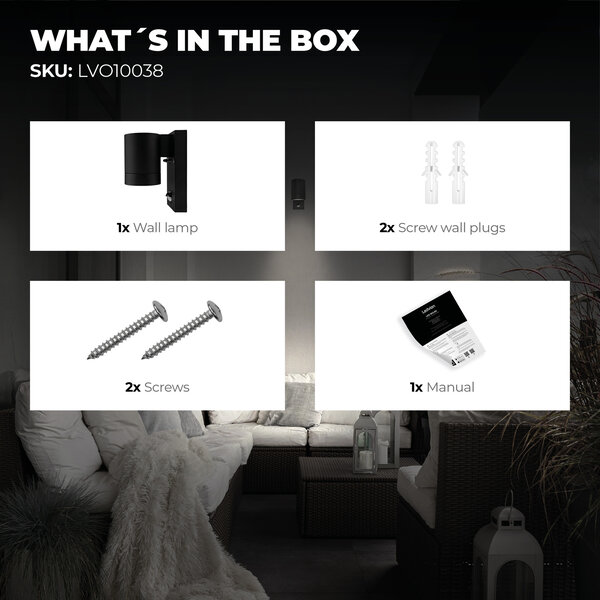 Ledvion LED Outdoor Wall Light with PIR Sensor - GU10 - Waterproof - Down Light - Black - Modern