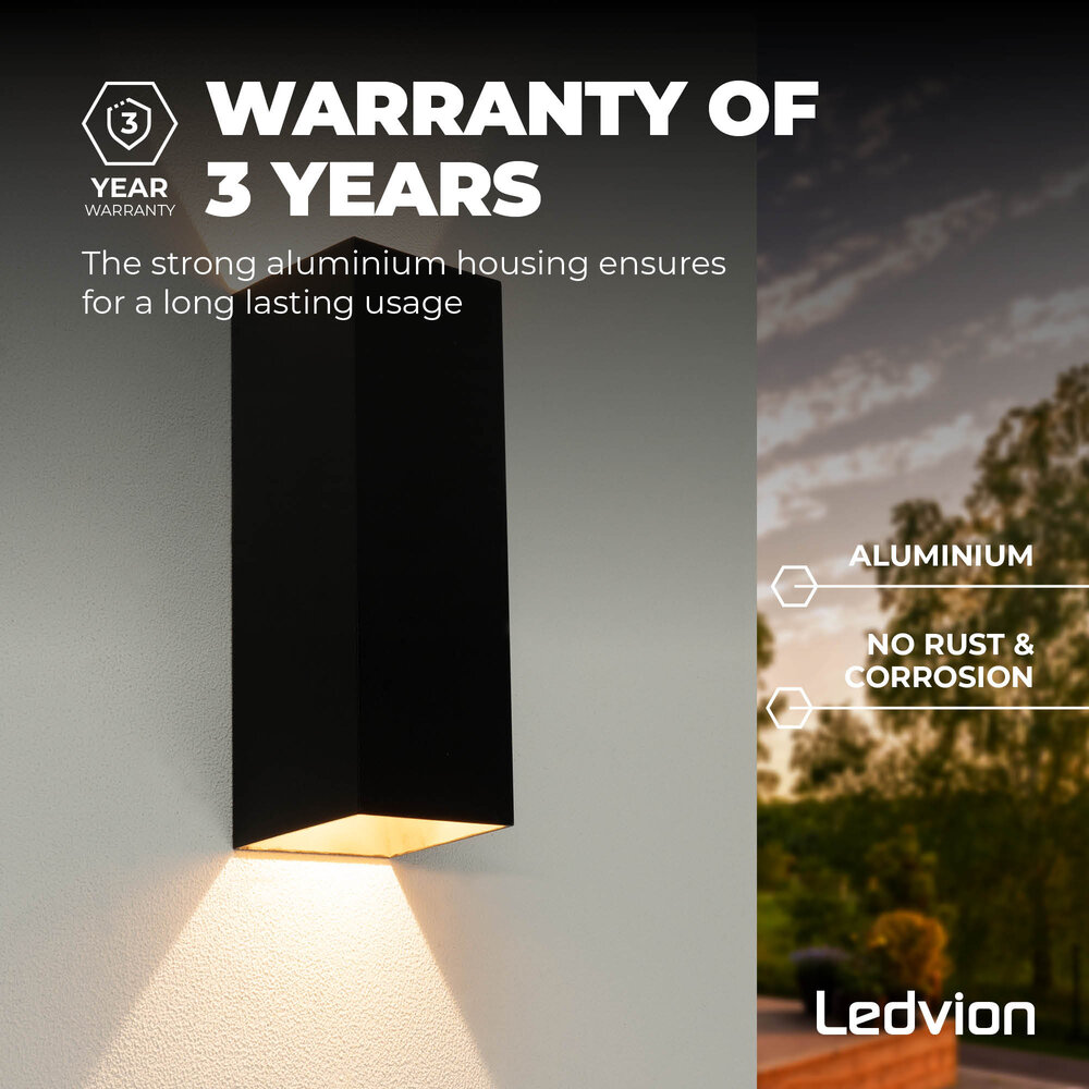 Ledvion LED Outdoor Wall Light - 9W - Warm White - Waterproof - Up Down Light - Black - Modern - Rectangular