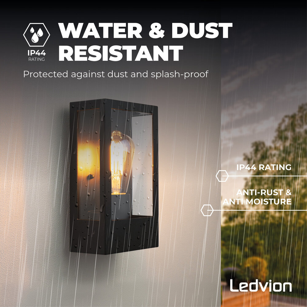 Ledvion LED Outdoor Wall Light with Dusk to Dawn Sensor - E27 - Waterproof - Black - Glass - Lantern - Modern / Industrial
