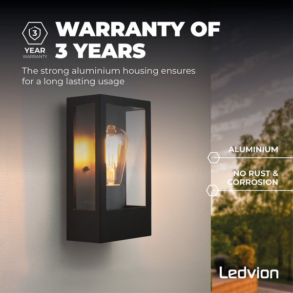 Ledvion LED Outdoor Wall Light with Dusk to Dawn Sensor - E27 - Waterproof - Black - Glass - Lantern - Modern / Industrial