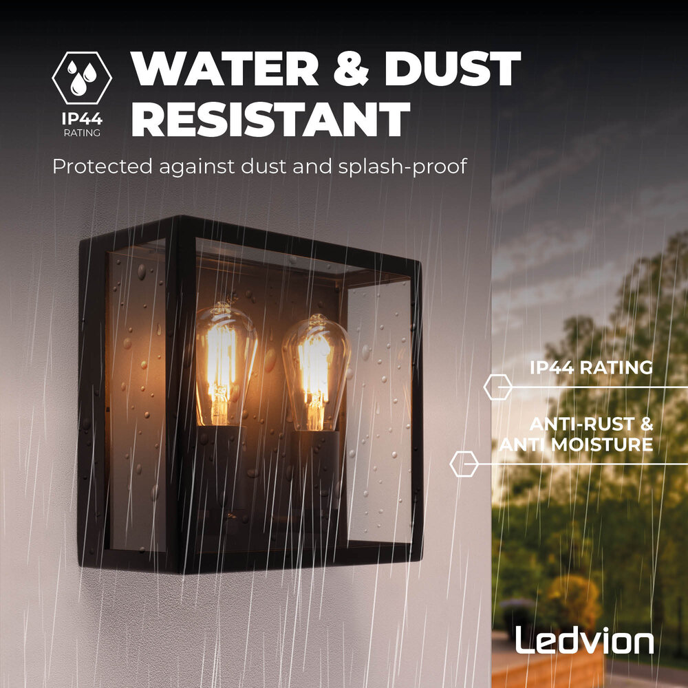 Ledvion LED Outdoor Wall Light - 2x E27 - Waterproof - Black - Lantern - Industrial - Glass - Dimmable