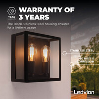 Ledvion LED Outdoor Wall Light - 2x E27 - Waterproof - Black - Lantern - Industrial - Glass - Dimmable
