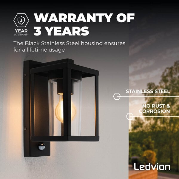 Ledvion LED Outdoor Wall Light with PIR Sensor - E27 - Waterproof - Black - Lantern - Modern / Industrial