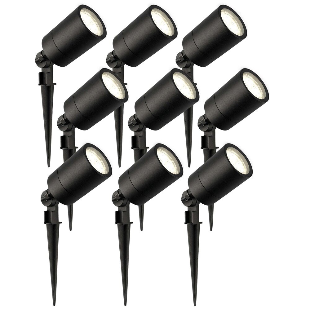 Ledvion 9x LED Garden Spike Lights GU10 - 3W - 4000K - IP65 Rated for Outdoor/Exterior Use - Black - 1 Metre Cable - 220-240V Mains Powered