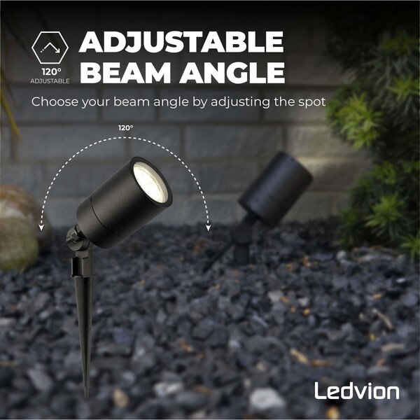 Ledvion 9x LED Garden Spike Lights GU10 - 3W - 4000K - IP65 Rated for Outdoor/Exterior Use - Black - 1 Metre Cable - 220-240V Mains Powered