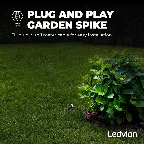 Ledvion 9x LED Garden Spike Lights GU10 - 3W - 4000K - IP65 Rated for Outdoor/Exterior Use - Black - 1 Metre Cable - 220-240V Mains Powered