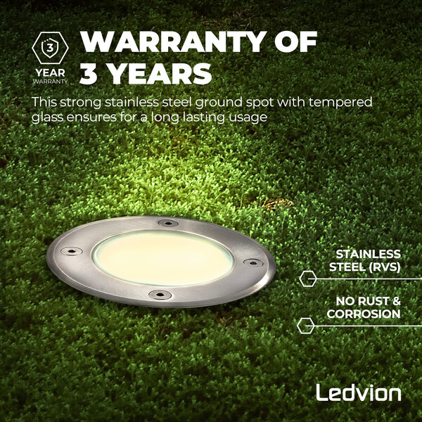 Ledvion LED Outdoor Ground Light GU10 - IP67 Waterproof - 3W - 4000K - Stainless Steel - Recessed Floor Light for Exterior / Garden / Landscape Use
